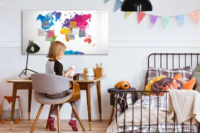 Magnetic glass dry erase board with an abstract world map design