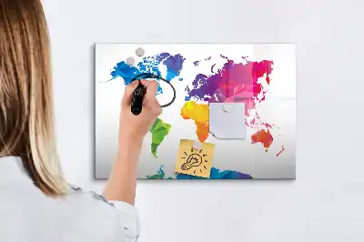 Magnetic glass dry erase board with an abstract world map design