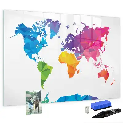 Magnetic glass dry erase board with an abstract world map design