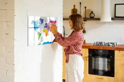 Magnetic glass dry erase board with an abstract world map design