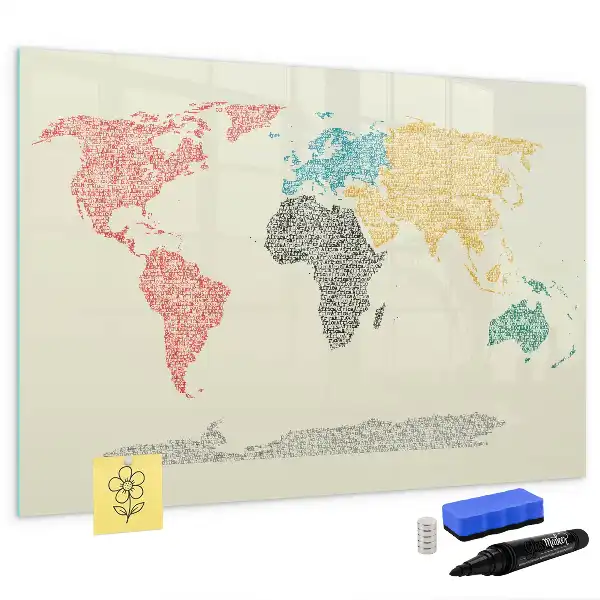 Magnetic glass dry erase board world map made of letters