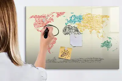 Magnetic glass dry erase board world map made of letters