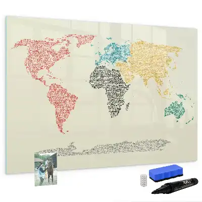 Magnetic glass dry erase board world map made of letters