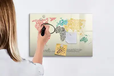 Magnetic glass dry erase board world map made of letters