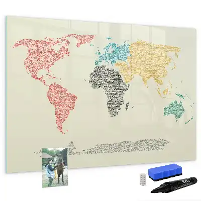 Magnetic glass dry erase board world map made of letters