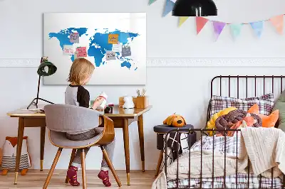 Magnetic glass dry erase board with world map print