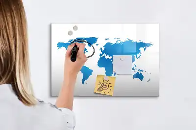 Magnetic glass dry erase board with world map print