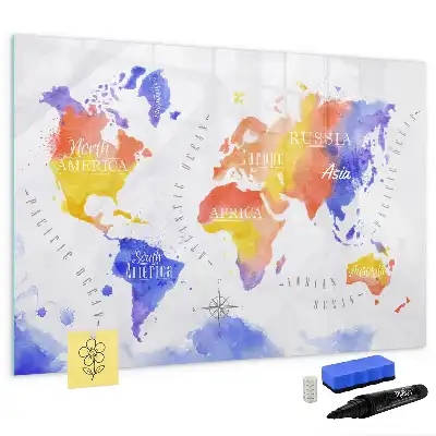 Watercolor world map magnetic marker board