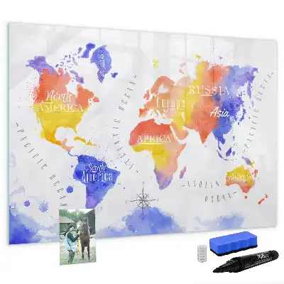 Watercolor world map magnetic marker board