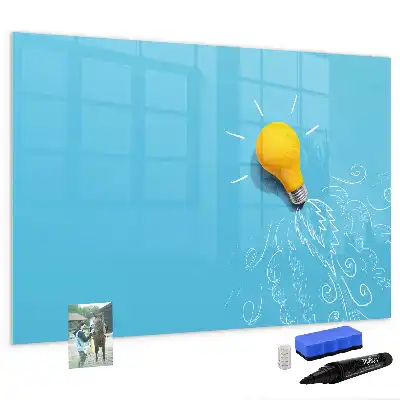 Magnetic glass dry erase board with light bulb drawing