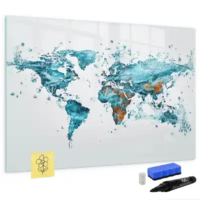 Magnetic glass dry erase board world map design
