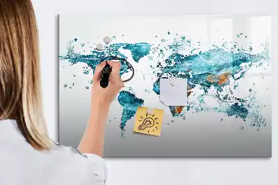 Magnetic glass dry erase board world map design