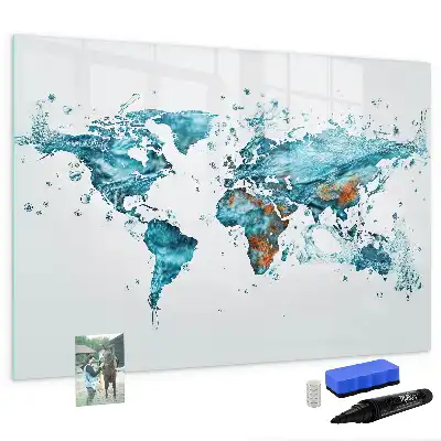 Magnetic glass dry erase board world map design