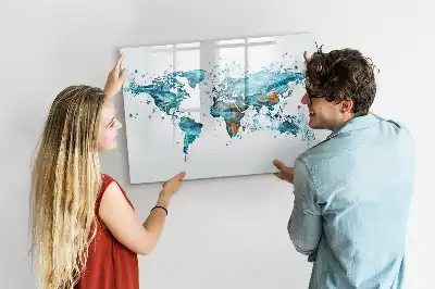Magnetic glass dry erase board world map design