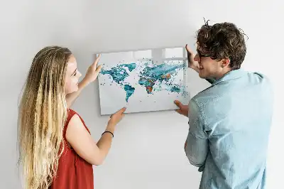Magnetic glass dry erase board world map design