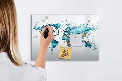 Magnetic glass dry erase board world map design