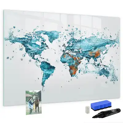 Magnetic glass dry erase board world map design