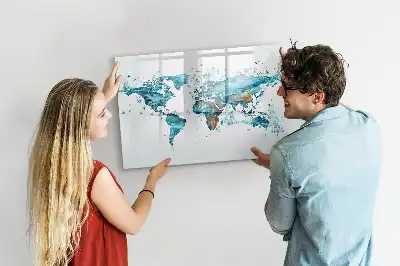 Magnetic glass dry erase board world map design