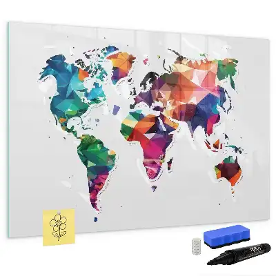 Magnetic glass dry erase board world map design made of triangles