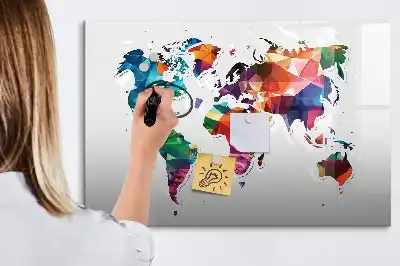 Magnetic glass dry erase board world map design made of triangles