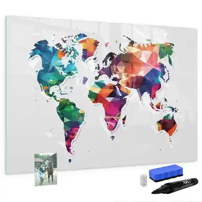 Magnetic glass dry erase board world map design made of triangles
