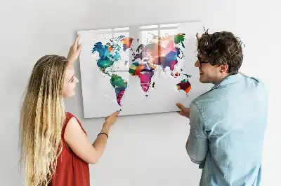 Magnetic glass dry erase board world map design made of triangles