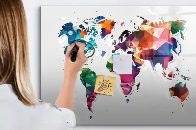 Magnetic glass dry erase board world map design made of triangles