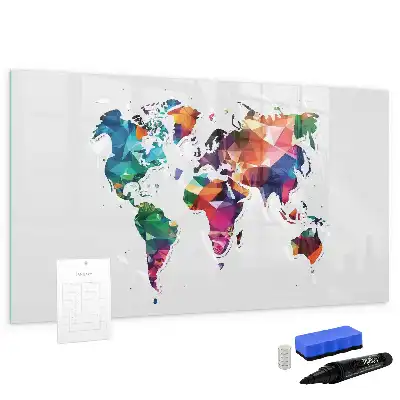 Magnetic glass dry erase board world map design made of triangles