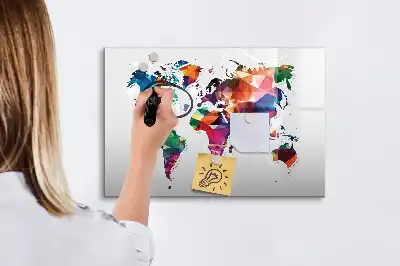Magnetic glass dry erase board world map design made of triangles