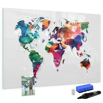 Magnetic glass dry erase board world map design made of triangles