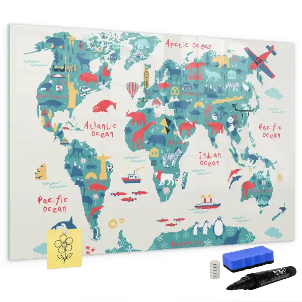 Magnetic marker board with a world map and picture display