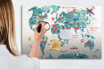Magnetic marker board with a world map and picture display
