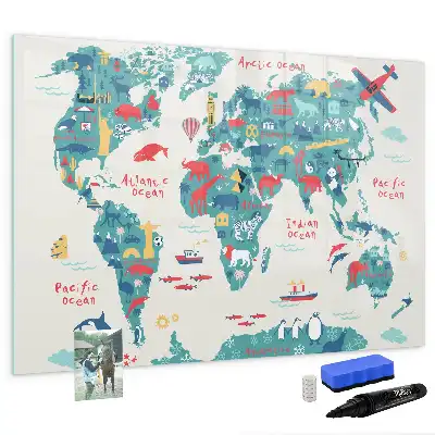 Magnetic marker board with a world map and picture display