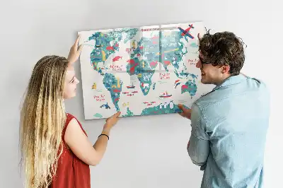 Magnetic marker board with a world map and picture display