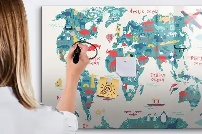 Magnetic marker board with a world map and picture display