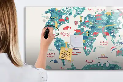 Magnetic marker board with a world map and picture display