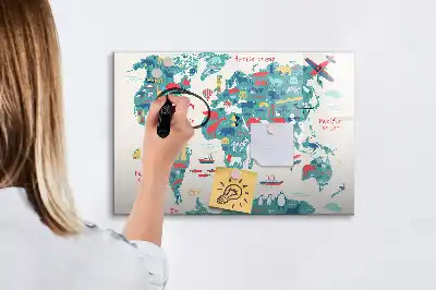 Magnetic marker board with a world map and picture display