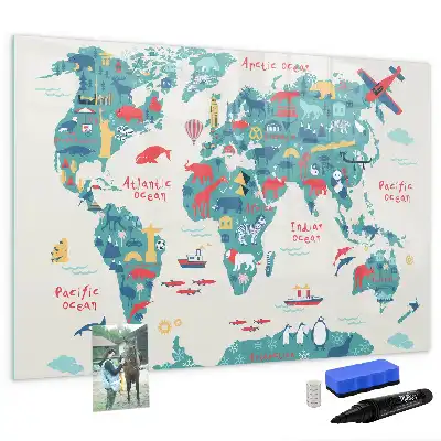 Magnetic marker board with a world map and picture display