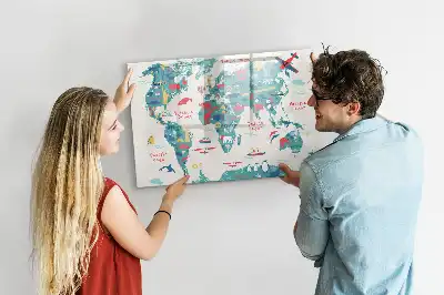 Magnetic marker board with a world map and picture display