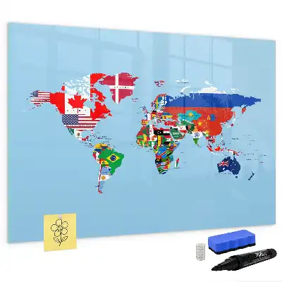 Magnetic glass dry erase board map with flags design