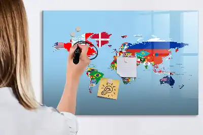 Magnetic glass dry erase board map with flags design