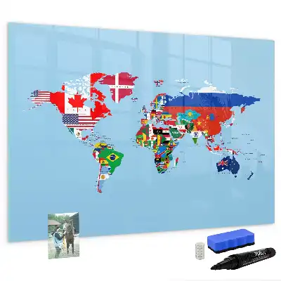 Magnetic glass dry erase board map with flags design