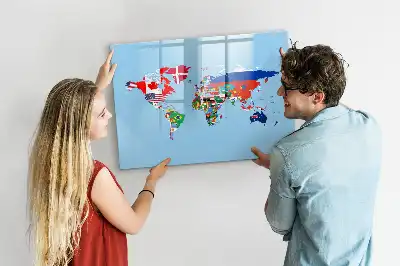 Magnetic glass dry erase board map with flags design