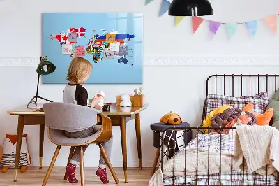 Magnetic glass dry erase board map with flags design