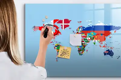 Magnetic glass dry erase board map with flags design