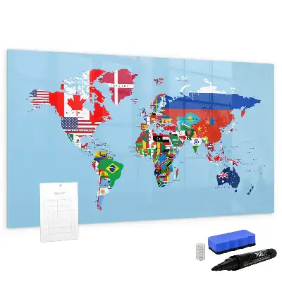Magnetic glass dry erase board map with flags design
