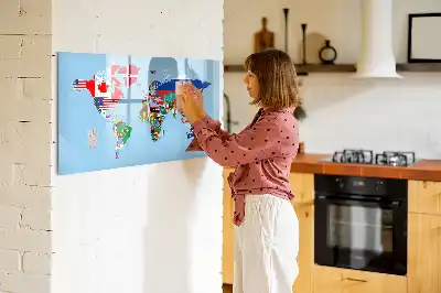 Magnetic glass dry erase board map with flags design