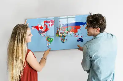 Magnetic glass dry erase board map with flags design