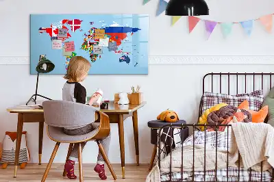Magnetic glass dry erase board map with flags design