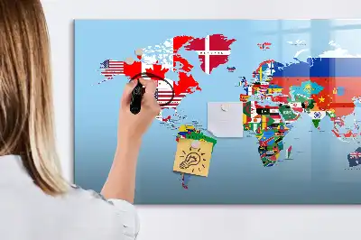 Magnetic glass dry erase board map with flags design